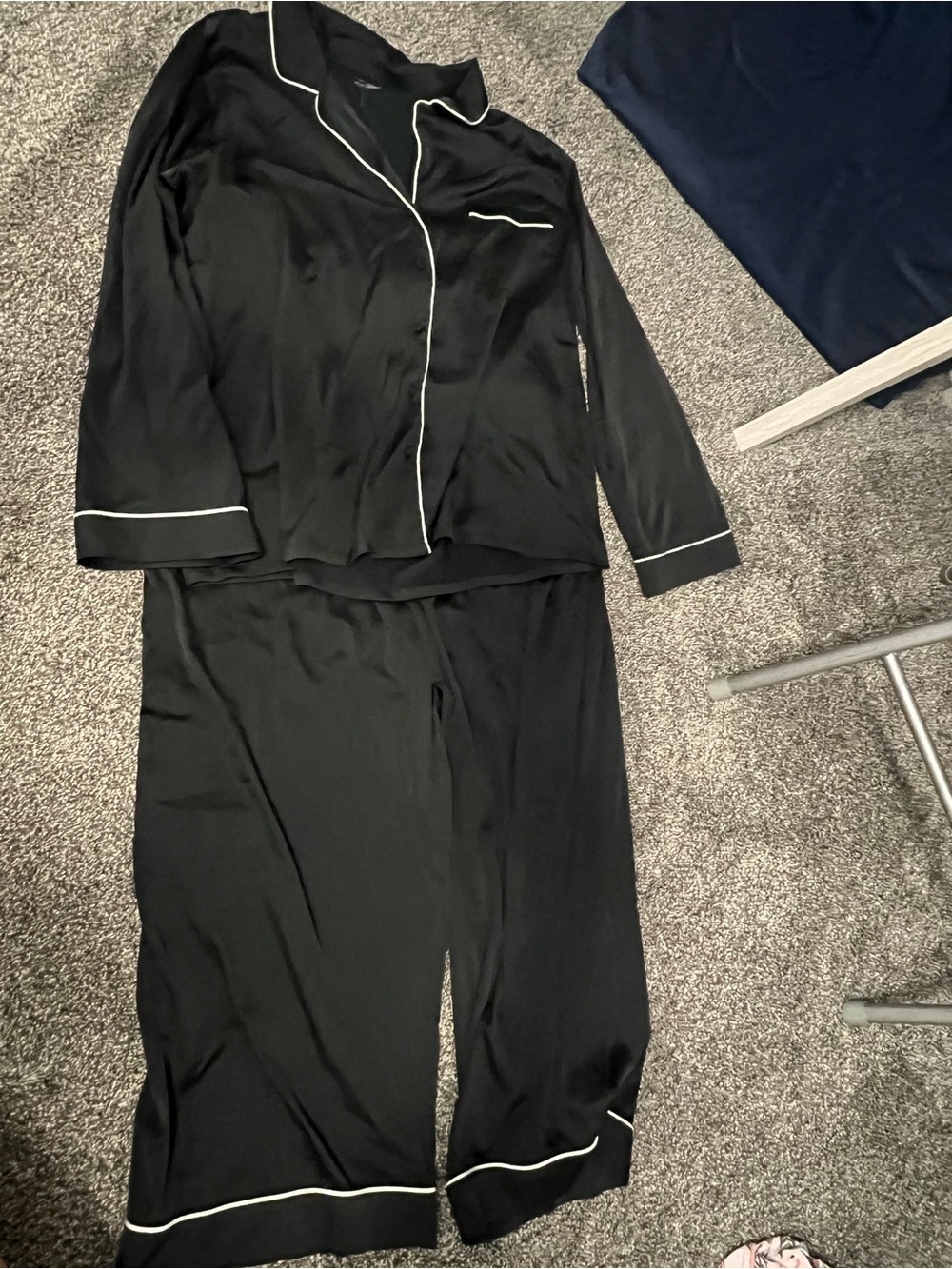 INC Black Satin Pajama Set with White Piping